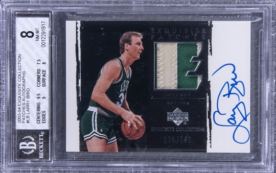 2003-04 UD "Exquisite Collection" Patches Autographs #LB Larry Bird Signed Game Used Patch Card (#050/100) – BGS NM-MT 8/BGS 10